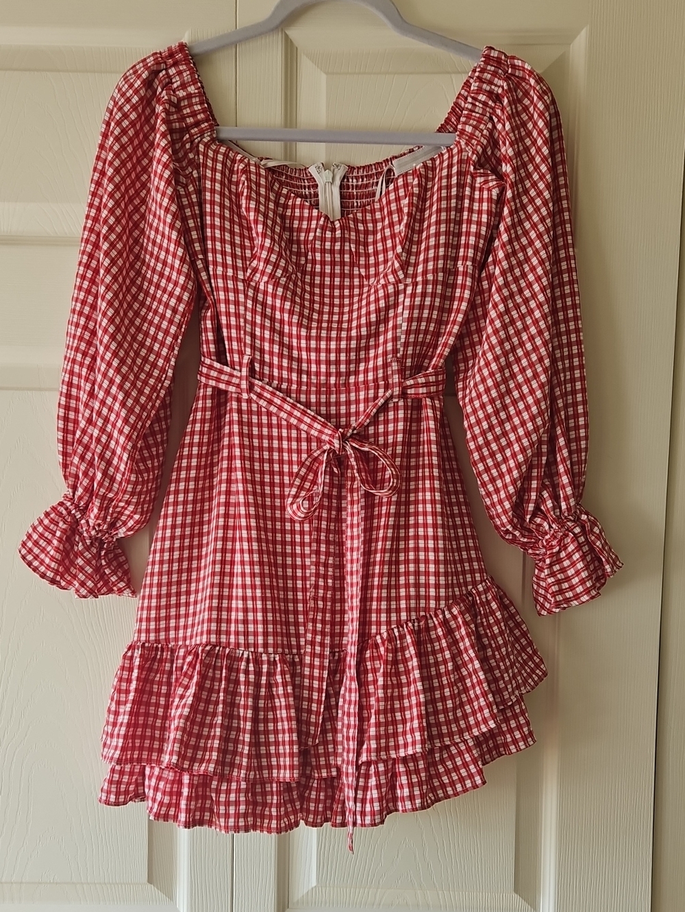 Maeve From Anthropology Red Gingham Ruffled Of The Shoulder Dress with Tie Waist